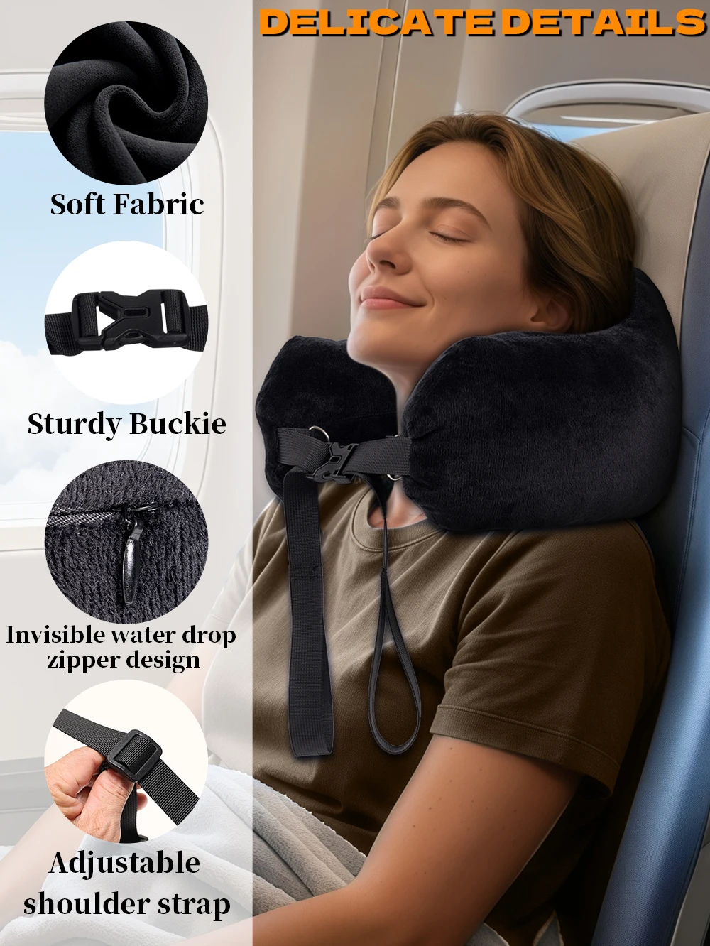 Bequemes Reisekissen, verstellbares U-förmiges Nackenkissen, waschbar, multifunktional, befüllbar, tragbarer Kissenbezug für Flugzeuge – Detail 3
