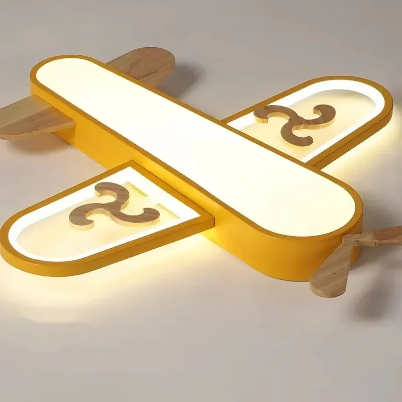 

Creative Aircraft LED Ceiling Light Wooden Cartoon Design for Kids Room Boys and Girls Yellow Color Bedroom Home Decor Lighting