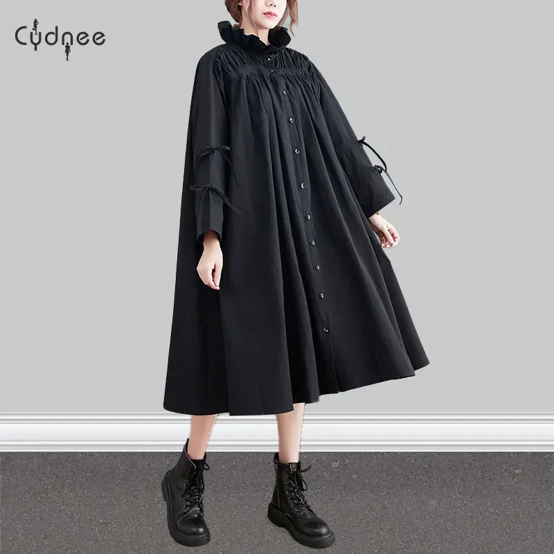 Long Sleeves Japanese Style Turtleneck Bandage Black Chic Girl's Ladies Women Spring Autumn Outwear Blouse Calual Shirt Dress