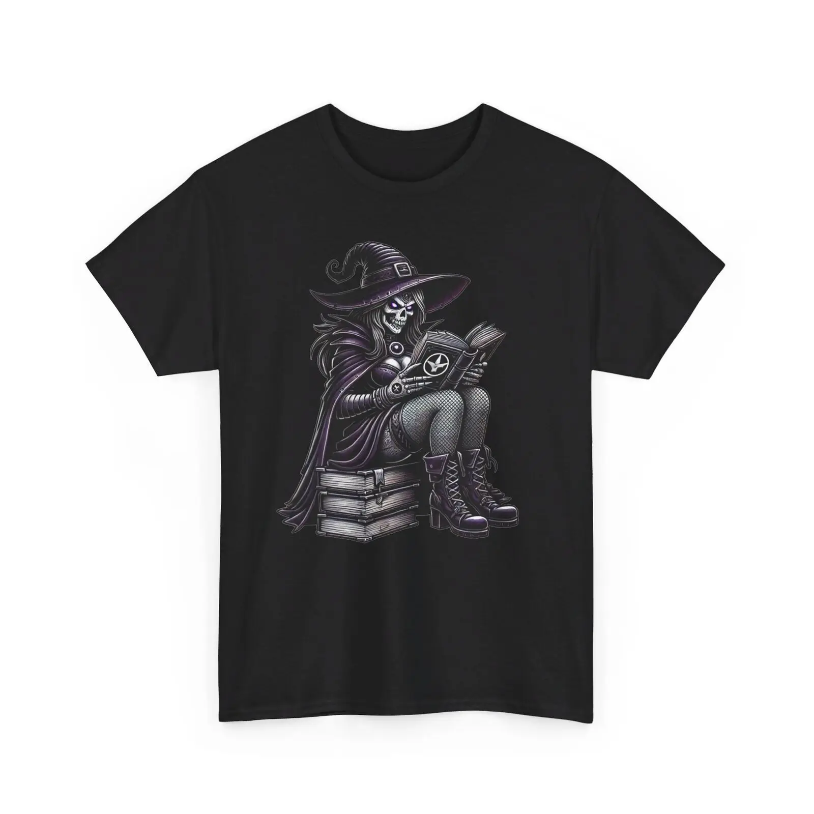 

Witch Reading Book T-Shirt – Gothic Skeleton Witch with Spellbook Tee