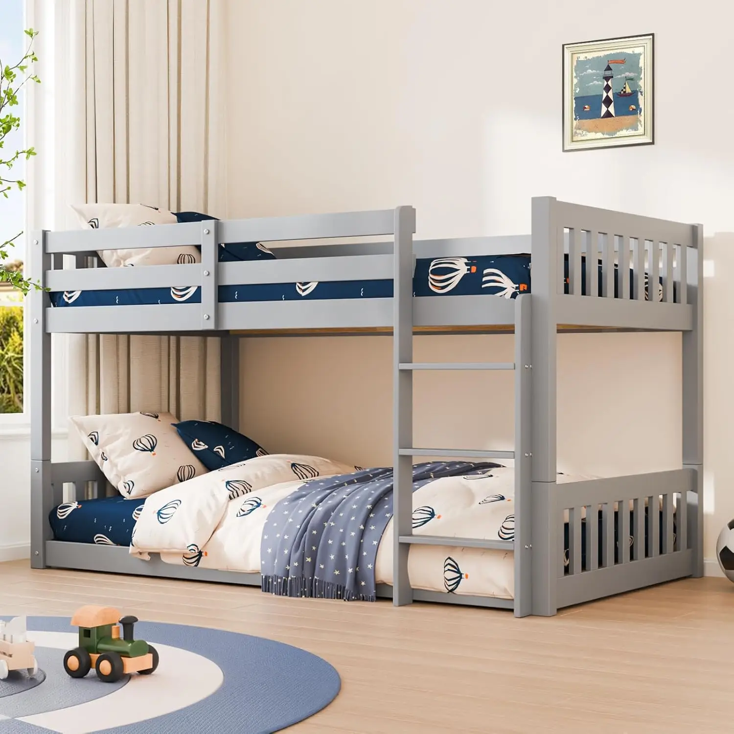

Solid Wood Low Twin Over Twin Bunk Bed for Kids, with Guardrails & Ladder, No Box Spring Needed