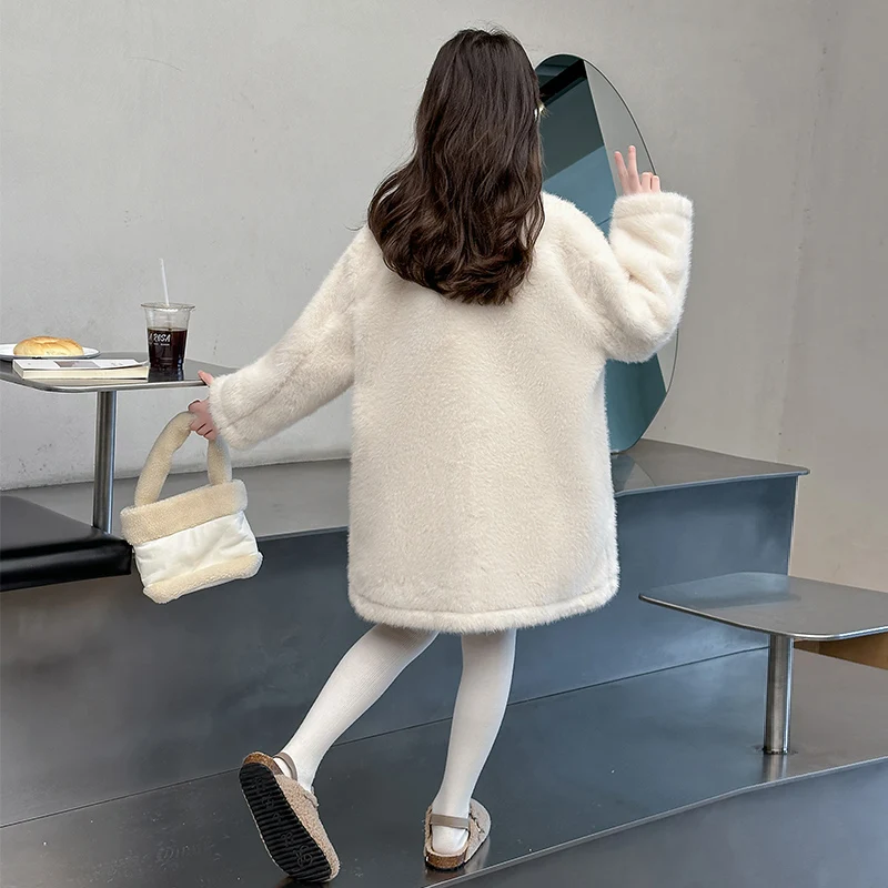 2025 Girls' Winter Clothing Imitation Fur Coat Autumn Children's Woolen Sweater Medium length Jacket Spring Boys' Cotton Coat