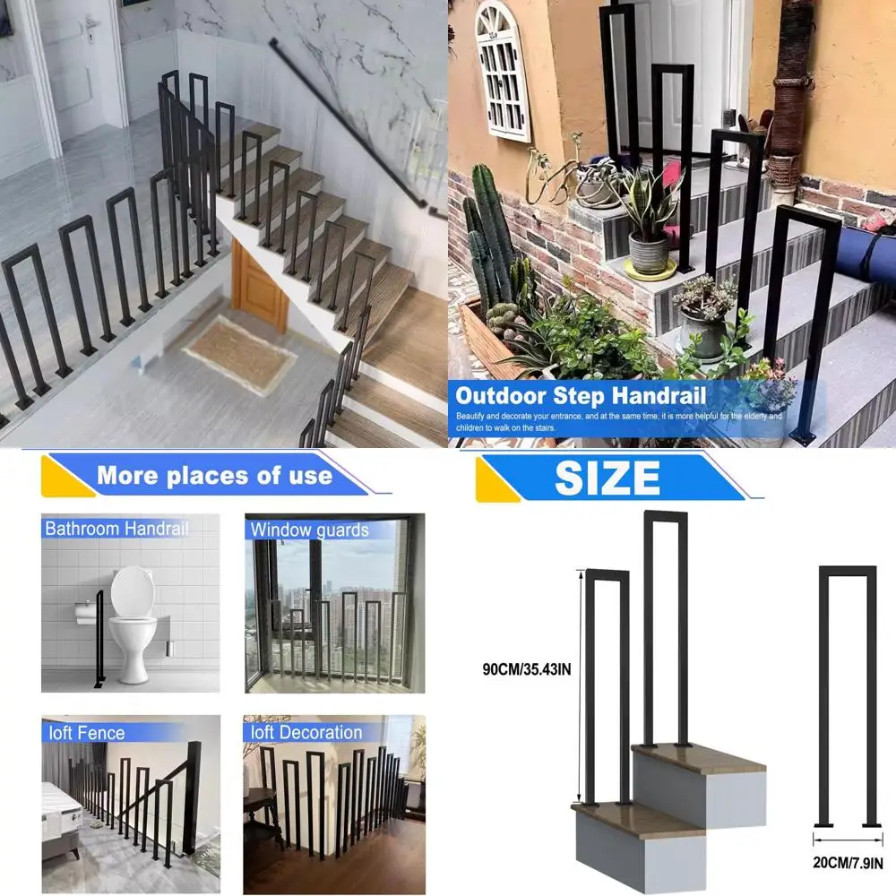 قطعتان من درابزين على شكل حرف U للخطوات، قضبان يدوية سوداء غير لامعة مقاس 7.9 × 35.4 بوصة للسلالم الداخلية والخارجية، درابزين صناعي #1