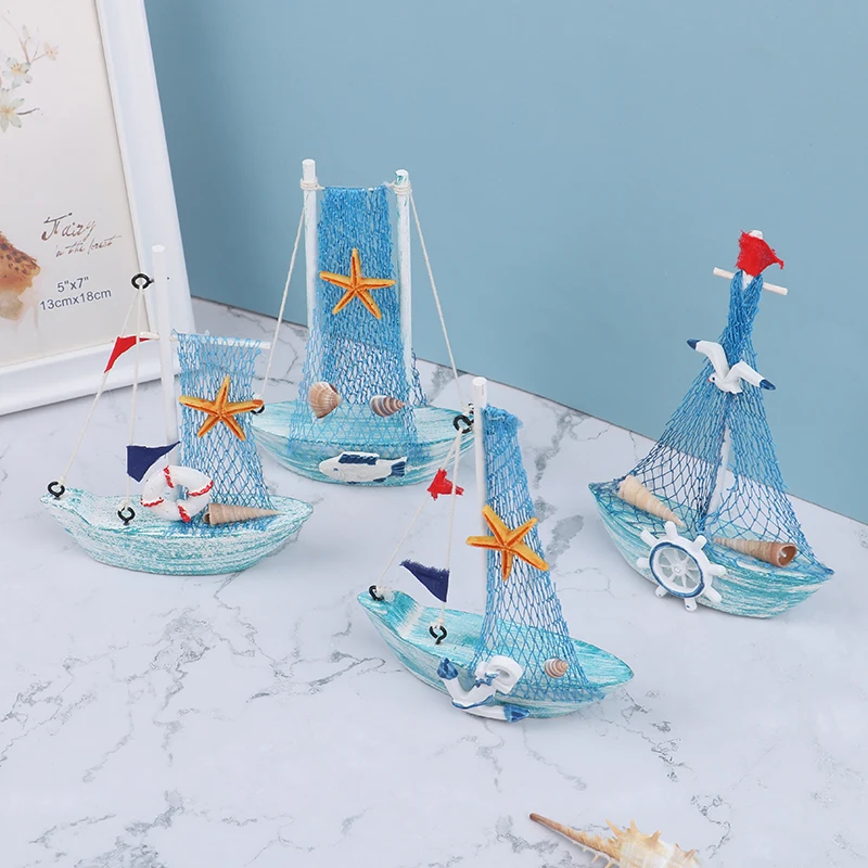 1pcs 15cm Wood Mini Sailboat Model Mediterranean Style Home Decor Marine Nautical Sailing Boat Ship Gift Craft Desktop Ornaments