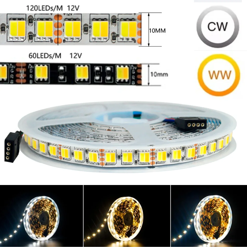 DC12V 24V 2in1 5050 CCT LED Light Strip Color Temperature Adjustable 60 120leds/m Tricolor Cabinet Lights for Bedroom Wardrobe