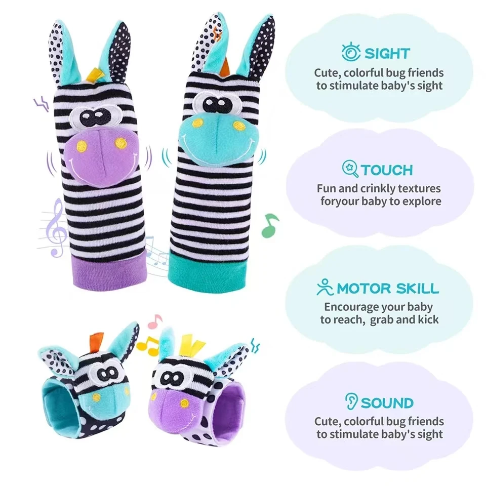 4 pçs chocalho do bebê brinquedos bonito animais de pelúcia chocalho de pulso pé localizador meias 0 ~ 24 meses para infantil menino menina presente recém-nascido