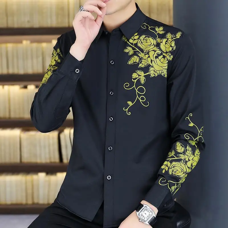 Autumn Mens Dress Shirts 2022 Fashion Golden Rose Flower Print Button Down Shirt Casual Men Slim Fit Long Sleeve Chemise Homme