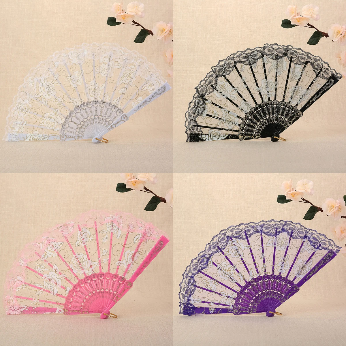 1PC Fashion Simple Ladies Personalized Lace Rose Lace Folding Fan Dance Shooting Props Compact and portable, ideal for gift-givi