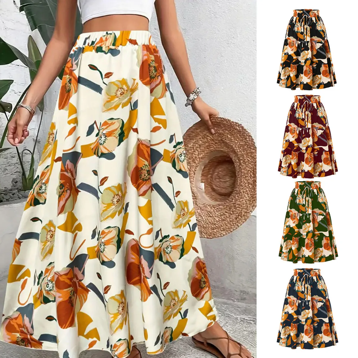 

Длинные юбки с цветочным принтом в стиле ретро для женщин, свободная летняя юбка, повседневная юбка с цветочным принтом и высокой талией, модная элегантная одежда трапециевидной формы