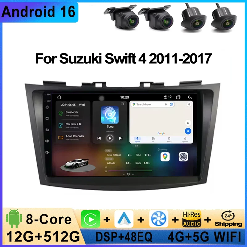 Автомагнитола Android 16 для Suzuki Swift 4 2011-2017, GPS-навигация, мультимедийный плеер, 4G+WIFI, BT, DSP