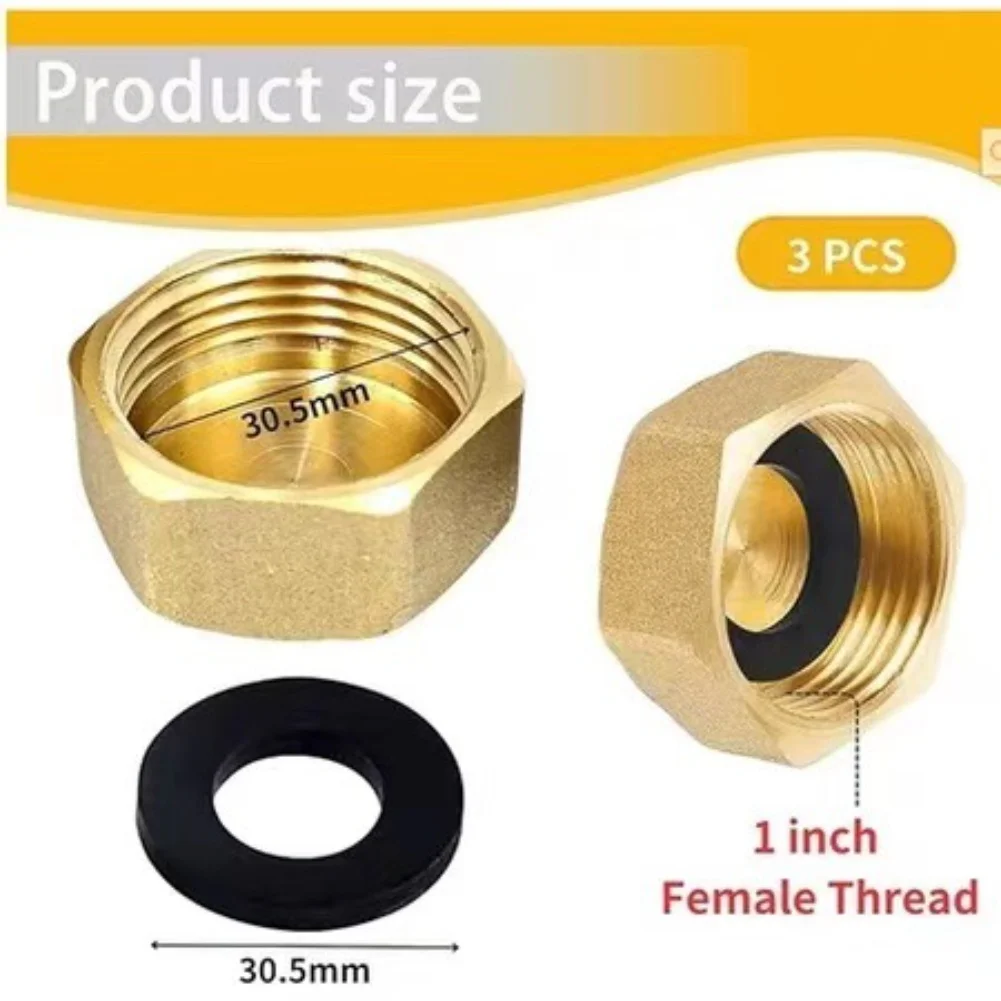 Brass 1-Inch Thread Cap Pack Of 3 Featuring Hexagonal Wrench Flats For Use With For Garden Hose Couplings And Water Fittings