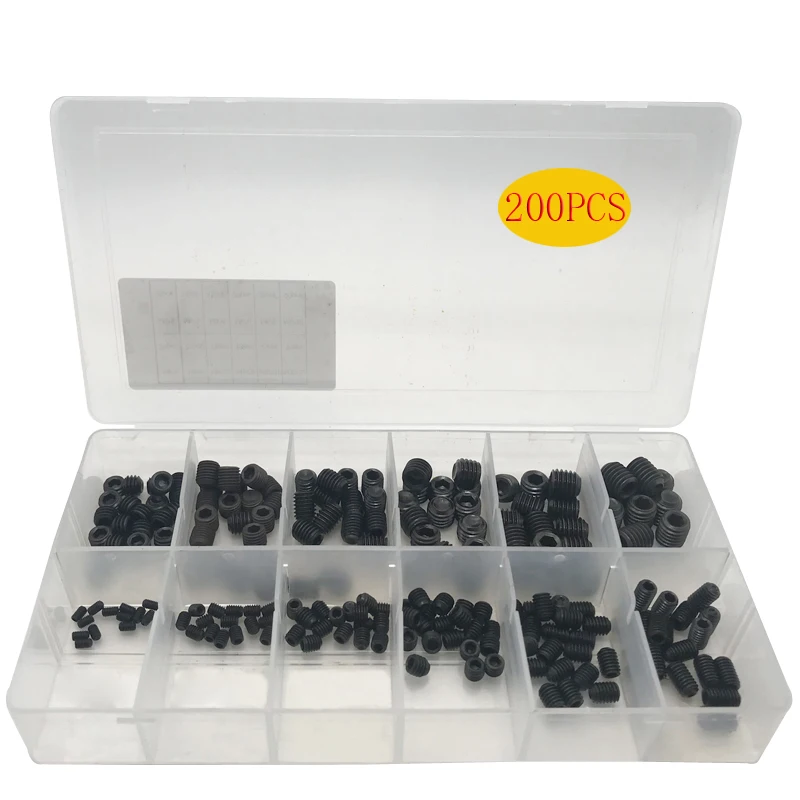 200pcs Flat Point Set Allen Head Socket Hex Set Grub Screw Assortment Cup Point Black Carbon Steel M3/M4/M5/M6/M8/M10