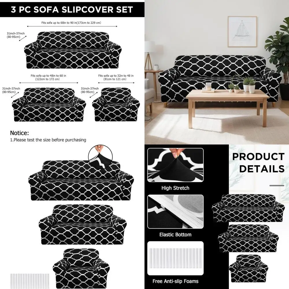 

3-Piece Couch Cover Set for Living Room, Sofa and Loveseat Slipcovers, Stretchable, Wrinkle Resistant (Black)