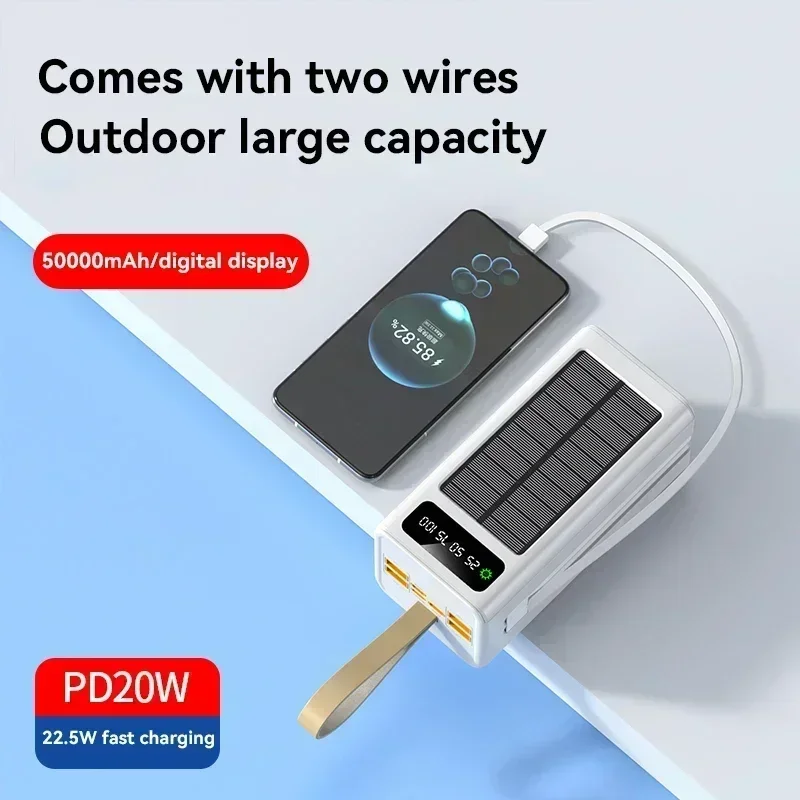 100000mAh 22.5W Fast Charging Thickened Solar Charging Bank High Capacity Builtin Cable External Battery LED Light Charging Bank