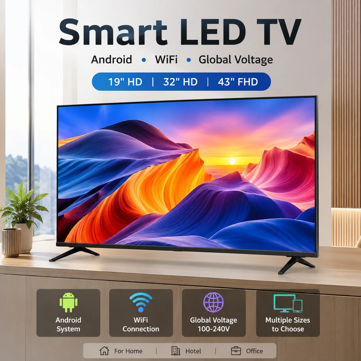 NallonHU Smart LED TV 19 32 43 Inch Android WiFi Flat Screen Television HD FHD HDMI USB AV RJ45 Home Hotel Office TV