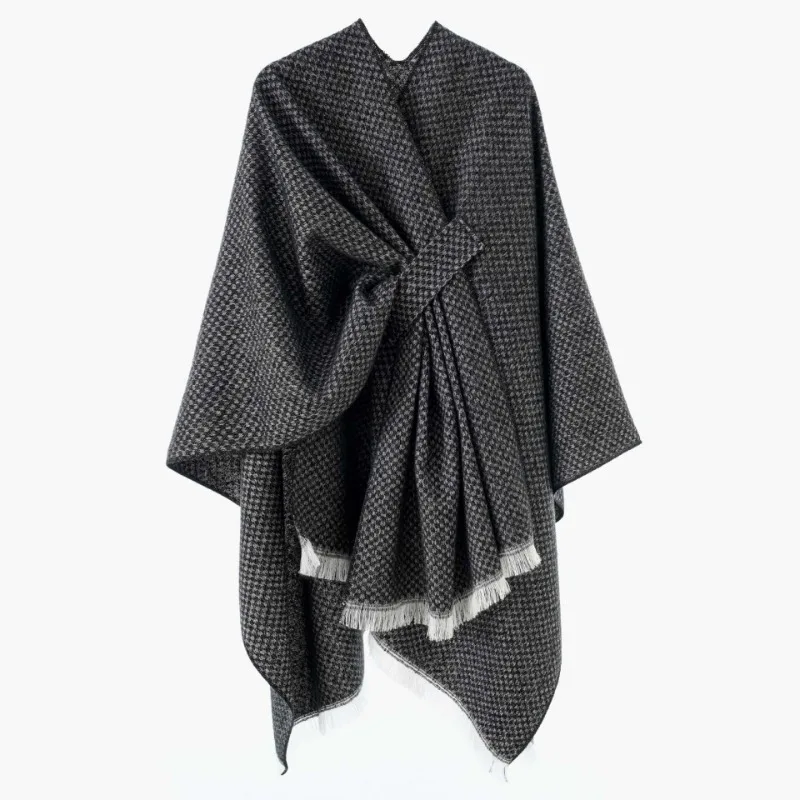 Women Fashion Houndstooth Print Tassel Shawl Autumn Winter Versatile Poncho Cape Office Blanket Outerwear