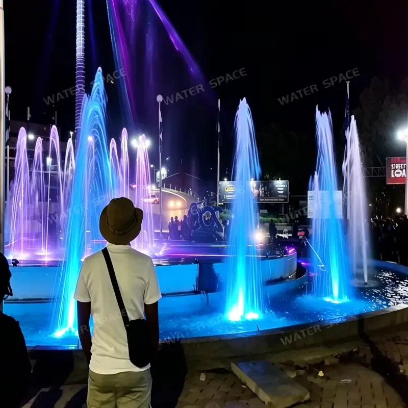 Fuente musical dinámica con chorro de agua RGB para decoración nocturna de parques urbanos y plazas centrales
