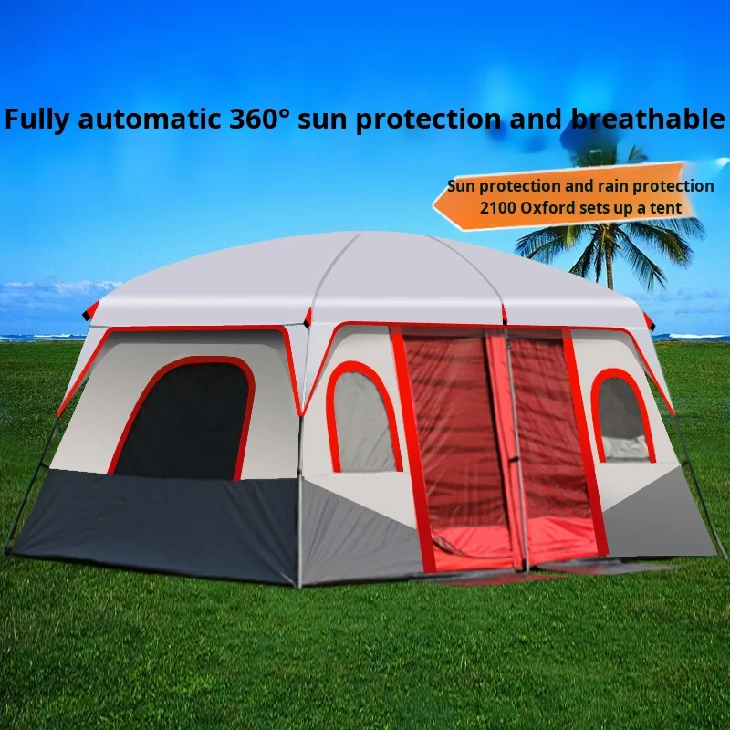 Portable Outdoor Two-Room Camping Tent for 3-10 Persons Oxford Fabric with Thickened Rainproof for Beach or Multi-Crew Use
