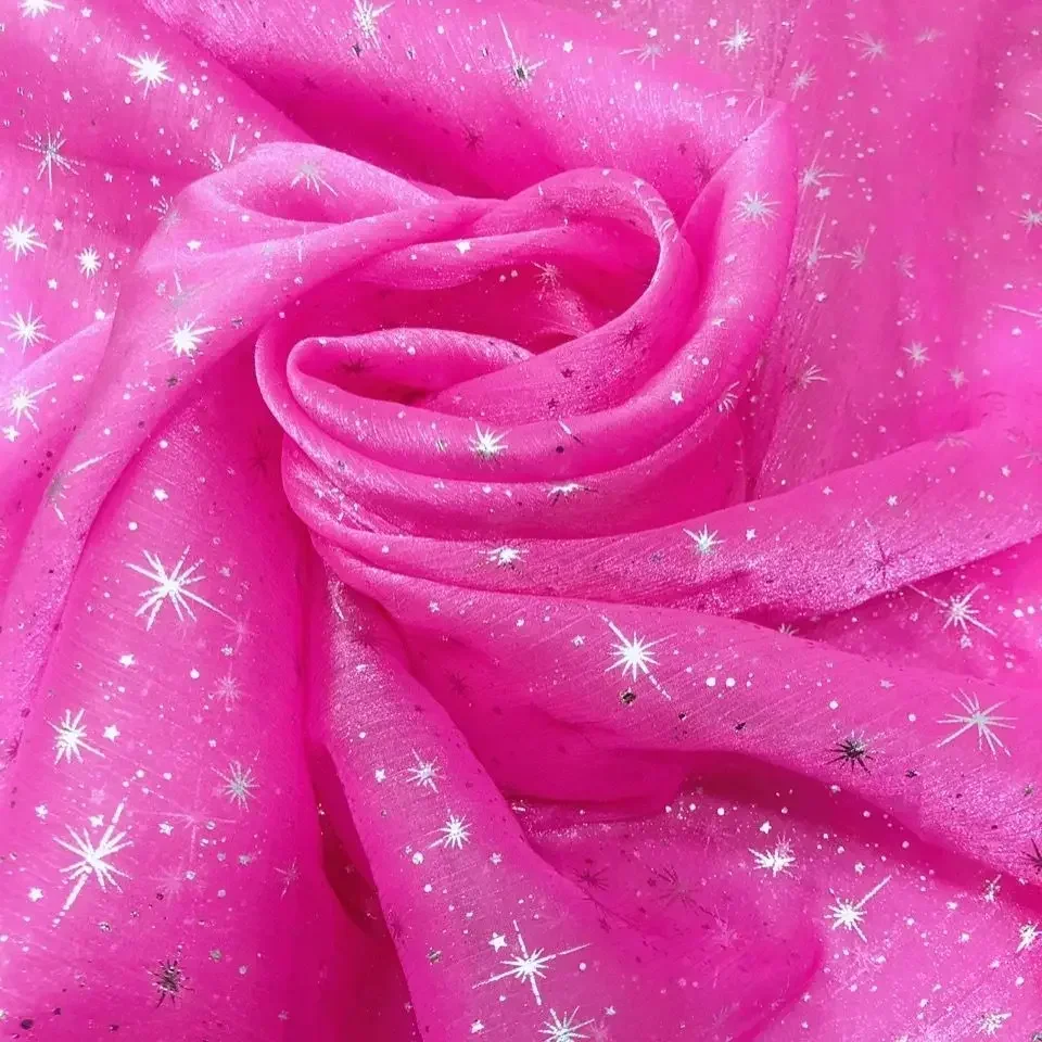 Bright Thread Organza Fabric By Meters for Hanfu Dresses Sewing Plain Glossy Star Pattern Bronzing Pleated Designer Cloth Smooth