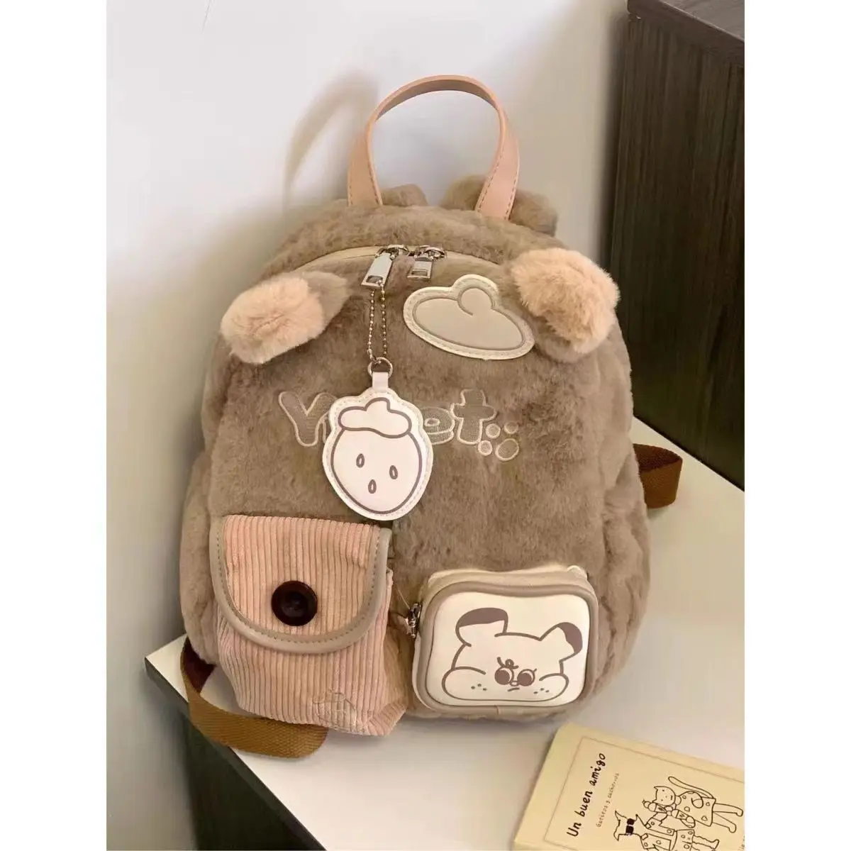 Women Winter Y2k Fluffy Bear Backpack Korean Fashion Small Cute Plush School Bag Preppy Style Mini Travel Bags for Children New