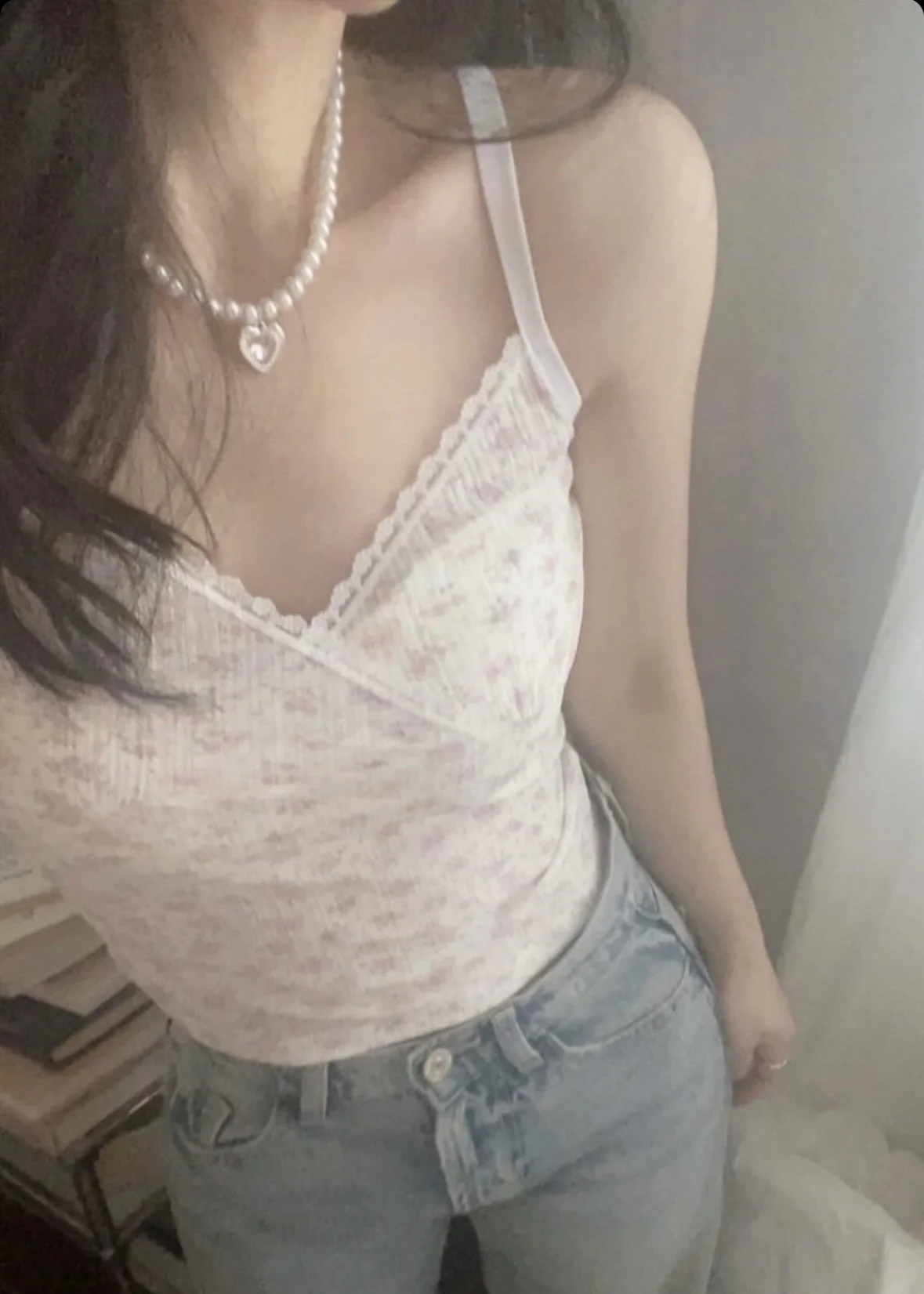 

Sweet Sle Lace Trim See tough Floral Print Csole Tank Top Inner Wear Layering Summer 2024 Polyester Spandex Blend