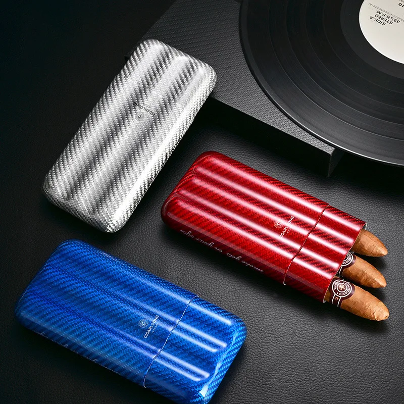 Travel Cigar Tube Stored 3 pcs Carbon Fiber Portable Cigar Humidor Tube Moisturizing Carbon Fiber Cigar Humidor With Gift Box