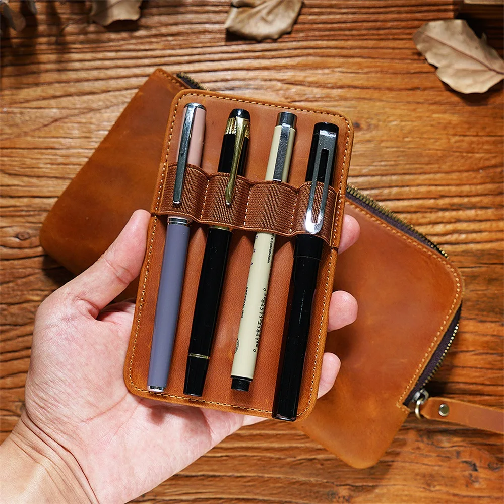 

6 Colors Multifunction Stationery Zipper Genuine Leather Pen Bag Vintage Style Pencail Box Handmade School Office Pen Case