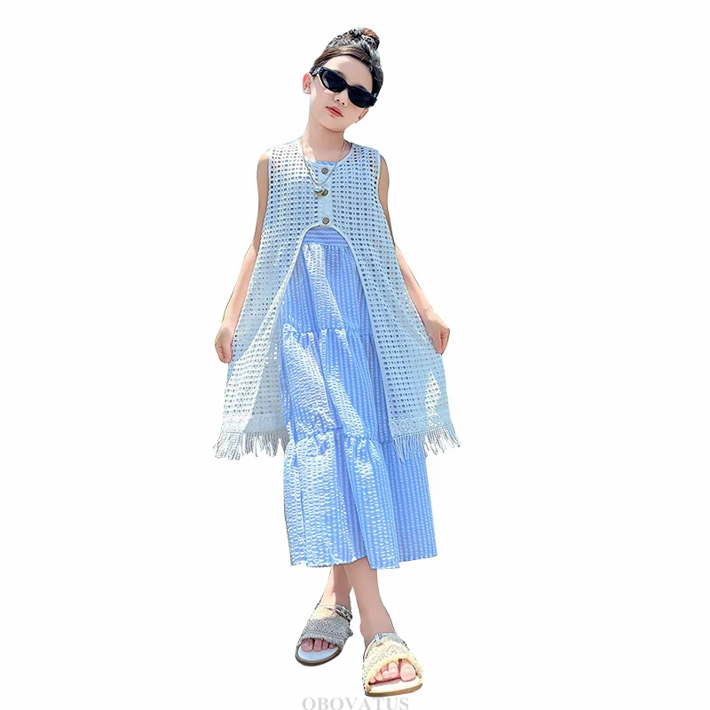 New Design Kids Girl Two Piece Dress with Shawl For Holiday Child Princess Fashion Casual Cake Dress Set Age 5 7 9 11 13 14 Year