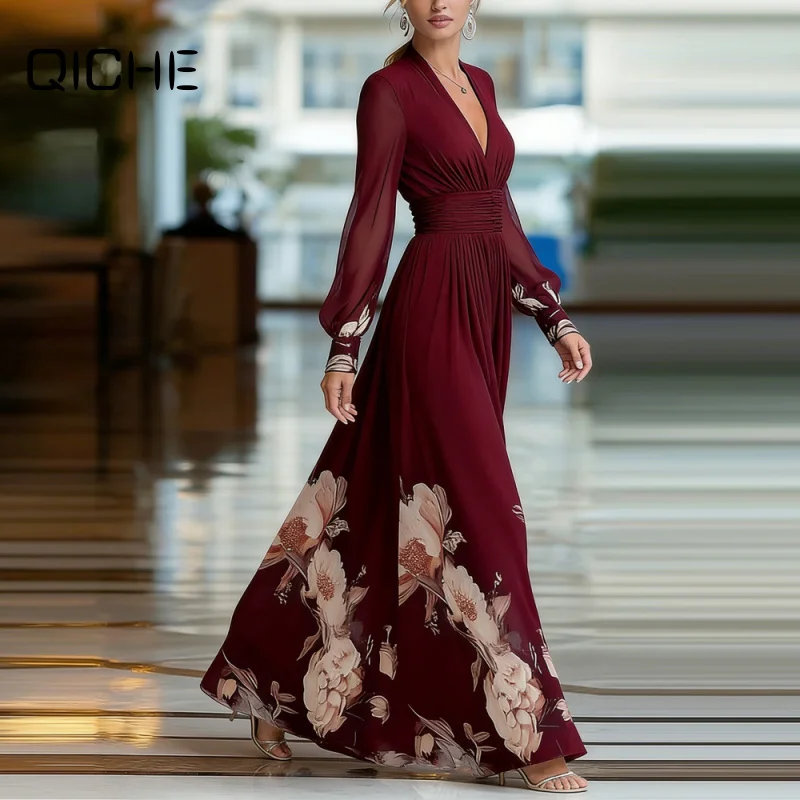 QICHE 2026 Spring New Women French Slim Maxi Dress, Mesh Splicing Versatile Printed Long Dress