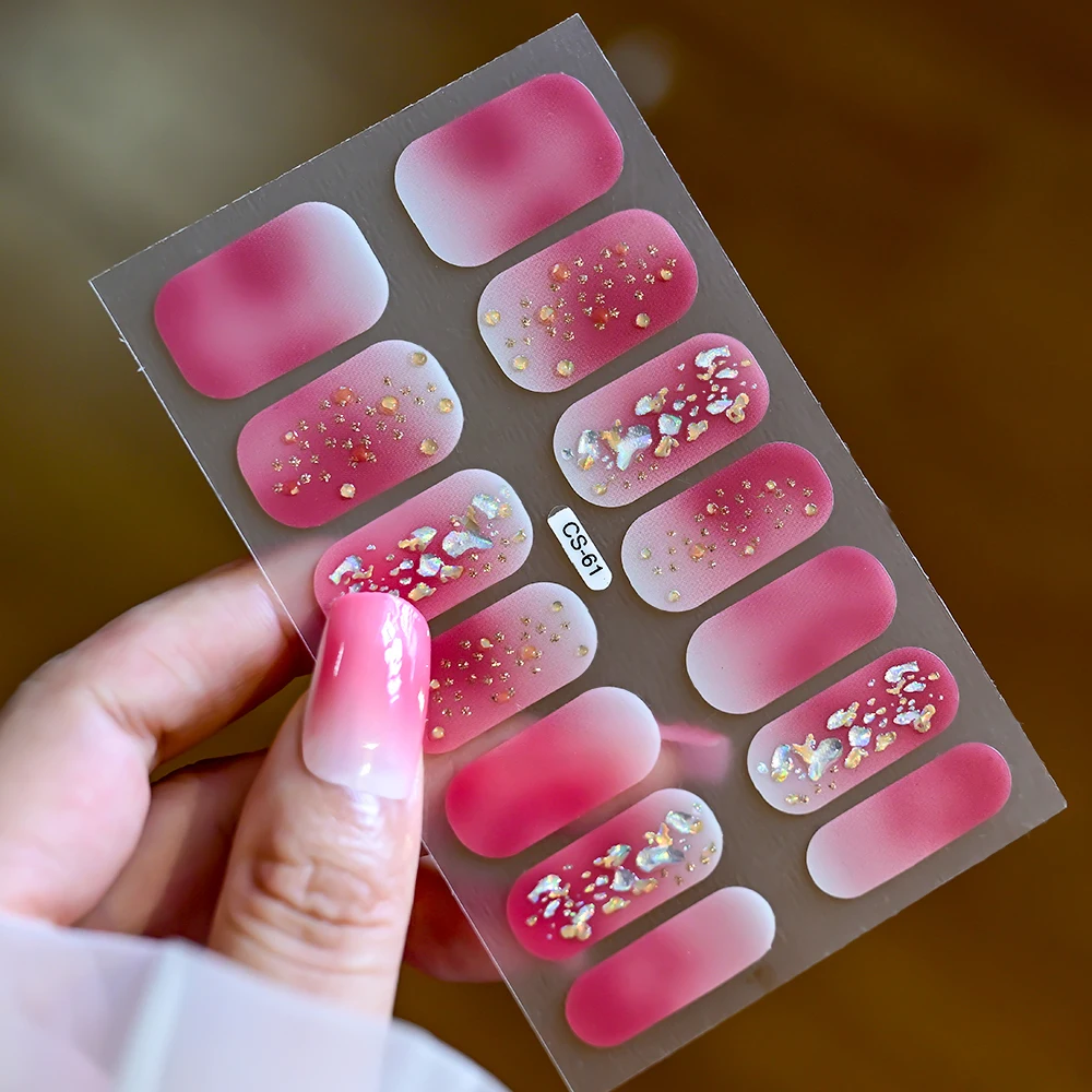 14Pcs Gradient Pink Nail Stickers With Golden Glitter No-Bake Self-adhesive Nail Strips Patch Long-Lasting Free-Baking Slider