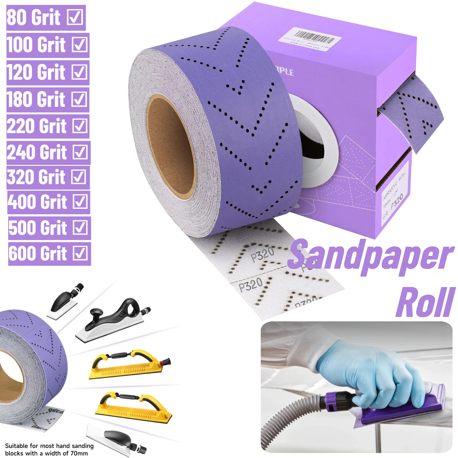1 Roll Abrasive Sheet 70mm x 12m Multi-Hole 80-600 Grit Automotive Sanding Roll Coating Removal Body Repair Auto Sanding