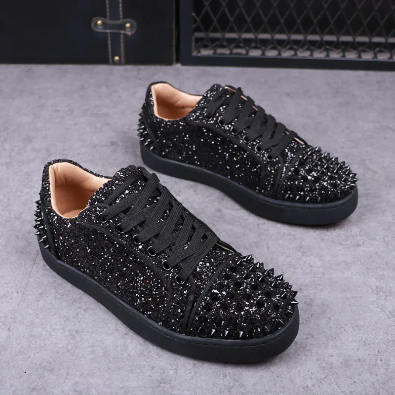 mens luxury fashion rivets shoes black silver flats shoe stage nightclub dress personality sneakers youth stylish footwear mans