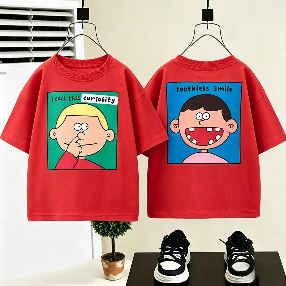 Kids Double Sided Print Short Sleeve T Shirt 2026 Summer Casual Cotton Tee For Boys And Girls Fashion Baby Boys Girls Clothing