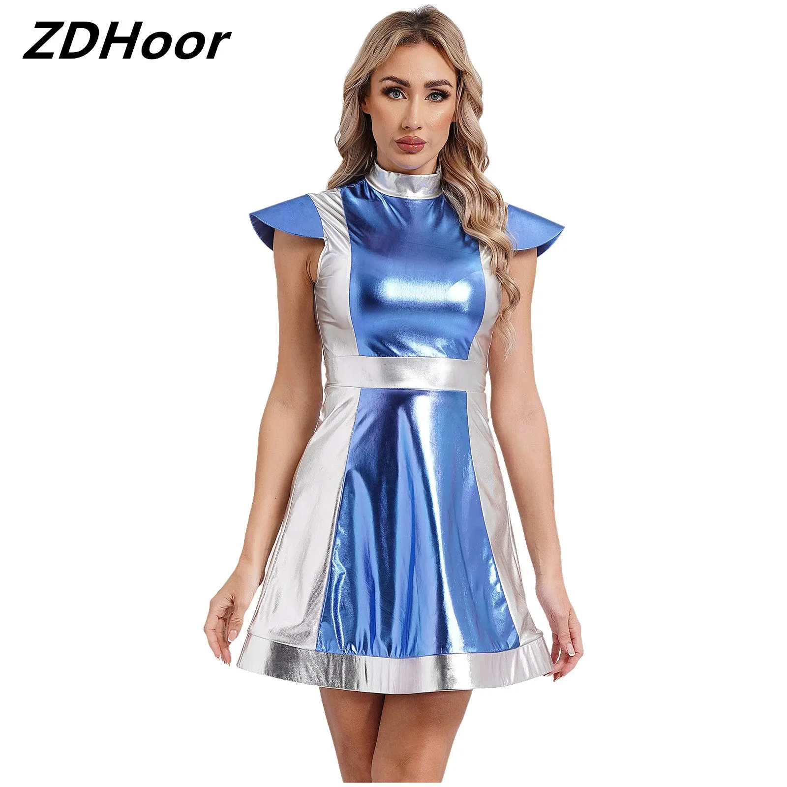 

Womens Metallic Shiny Contrast Dress Alien Dress-up Costume Mock Neck Cap Sleeve Space Fighter Dress for Halloween Cosplay