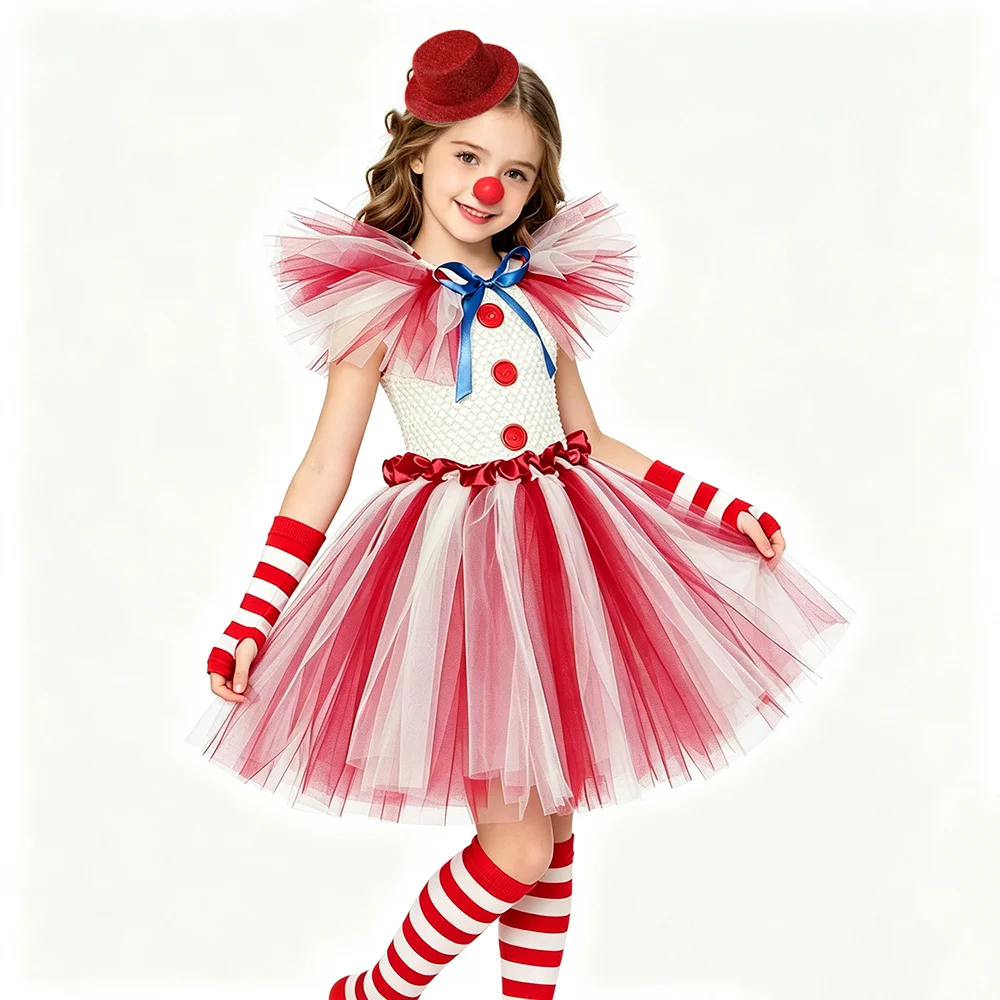 Farm Scarecrow Clown Costume for Girls Halloween Horror Fancy Tutu Dress Kids Tulle Outfit with Red Nose Mini Hat Ruffled Collar