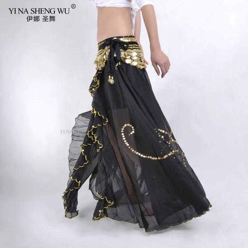 11 Color Sequins Pattern Single Slit Belly Dancing Long Skirt Women Belly Dance Costume Skirt Elastic Waist Performance Wear
