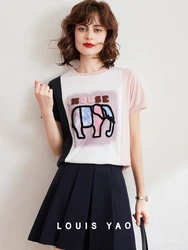 LOUIS YAO Contrast Color 100% Cotton T-shirt Elephant Embroidery Tee 2024 Summer New Fashion Casual Pullover Top