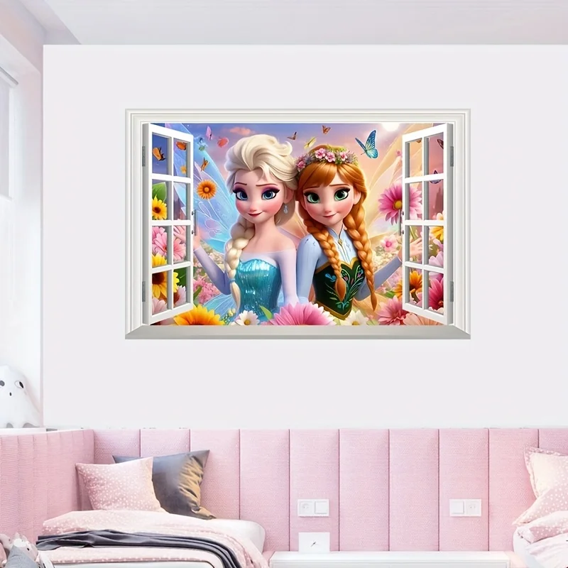1 ملصق حائط على شكل قلعة الأميرة إلسا وآنا - تصميم نافذة سحرية، مثالي لغرف النوم وغرف المعيشة، مما يخلق مساحة مريحة وحالمة على شكل أميرة
