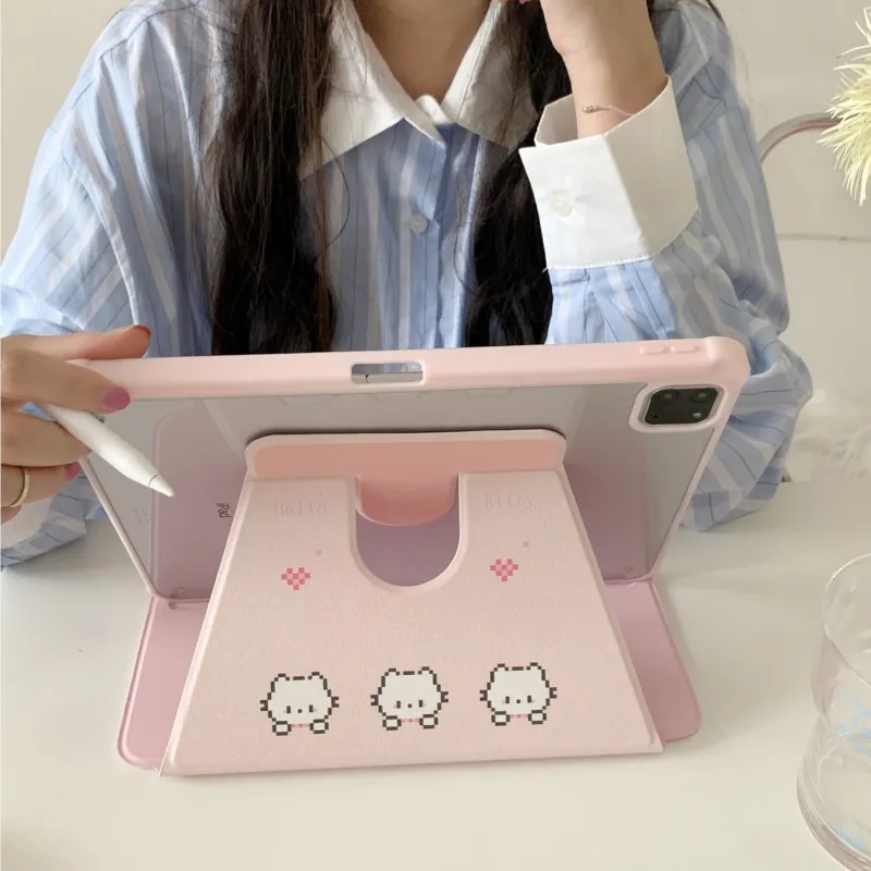 360 Rotating Stand Pencil Holder Kawaii Pixel Kitty Cat Tablet Case for iPad 7/8/9th 10.2 Air3/4/5 Pro 10th Gen 10.5/10.9 Cover