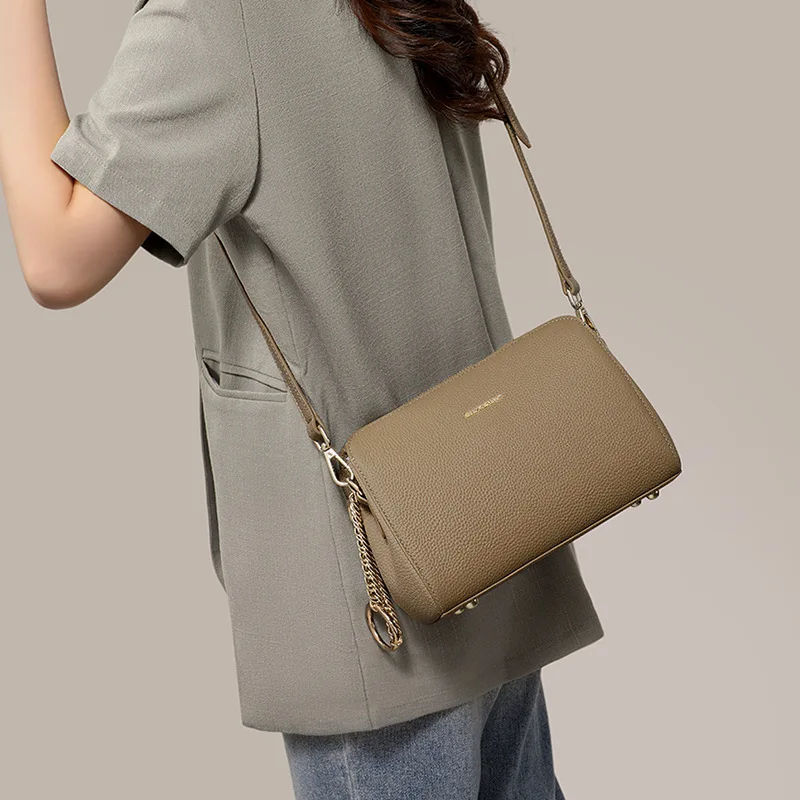 Khaki Women Shoulder Bag 2026 New Genuine Leather Women Bag Summer Crossbody Bag Senior Sense Simple Commuter Shoulder Bag