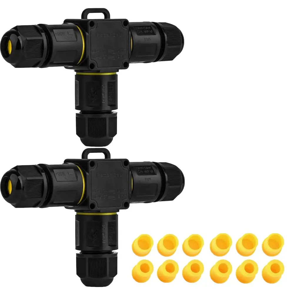 2pcs 3P Screwless IP68 Waterproof Junction Box Outdoor T-Shape Wire Range 4-11mm Electrical Quick Release Cable Connector