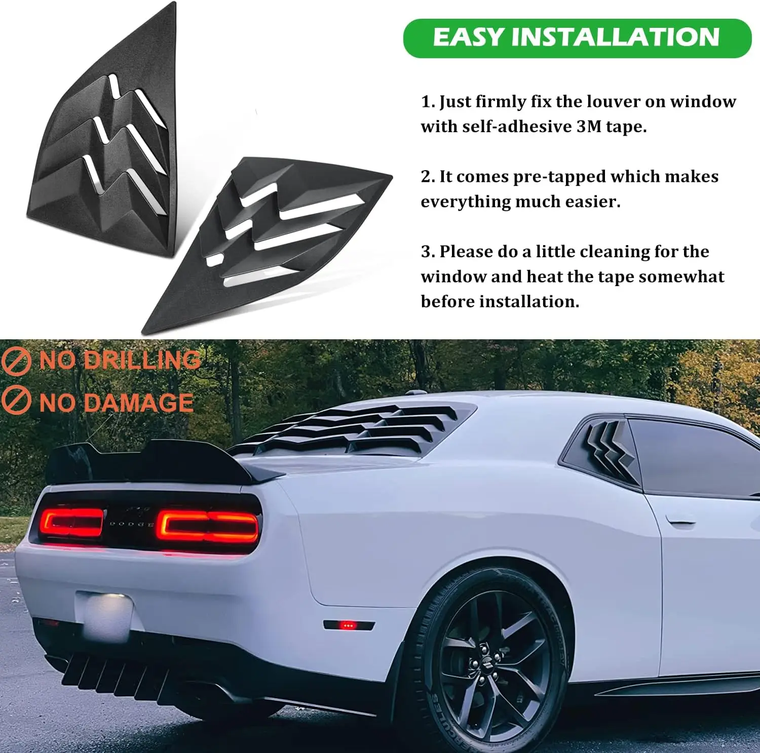 TML Rear+Side Window Louver Fits for Dodge Challenger 2008-2023 in GT Lambo Style Custom Fit Windshield Sun Shade Cover ABS