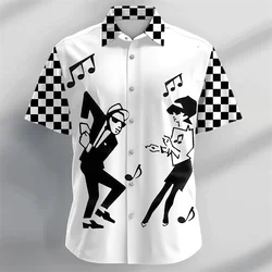 Hawaiian Men's T-shirt Shirt Fashion Music Symbol Black and White Plaid Button New Short Sleeve Lapel Men's Tops Plus Size