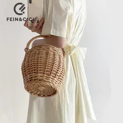 Wicker basket bag women summer beach natural rattan straw bucket totes handmade woven handbag 2022 new