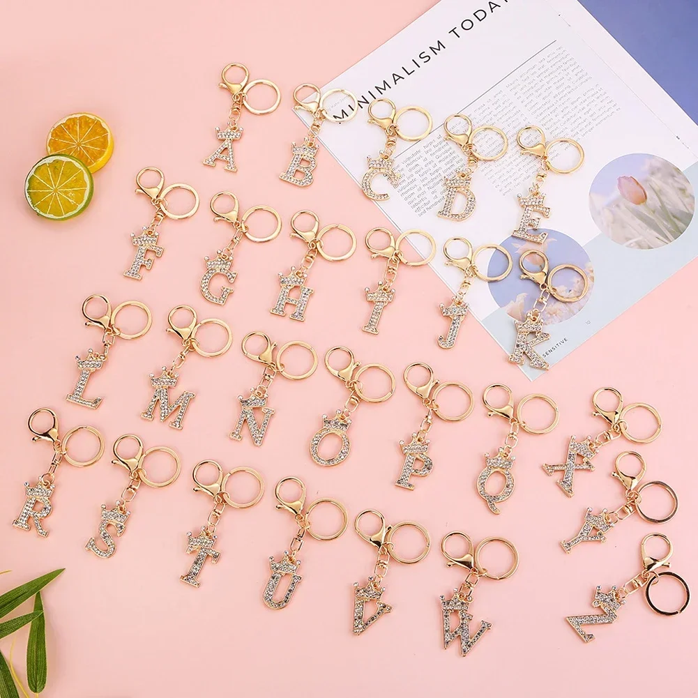 Crystal Crown 26 Letter Rhinestone Keychain Charm Gold Plated Key Ring Car Key Chains Interior Accessoreis For Women Bag Gifts