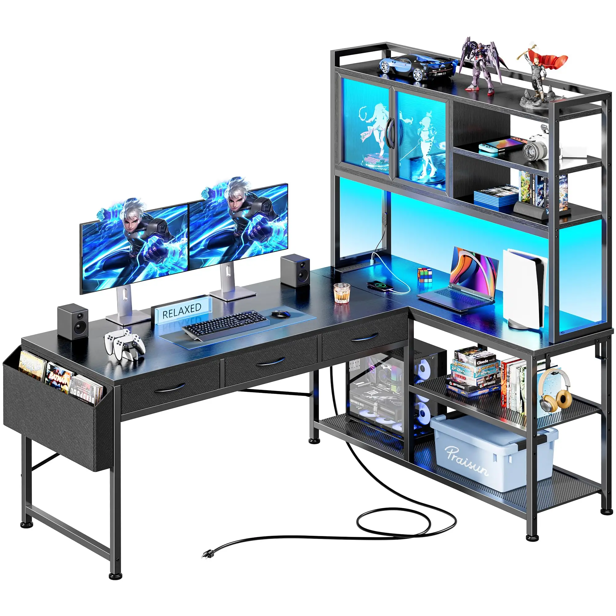 57.5 Inch L Shaped Gaming Desk with Power Outlets and LED Lights