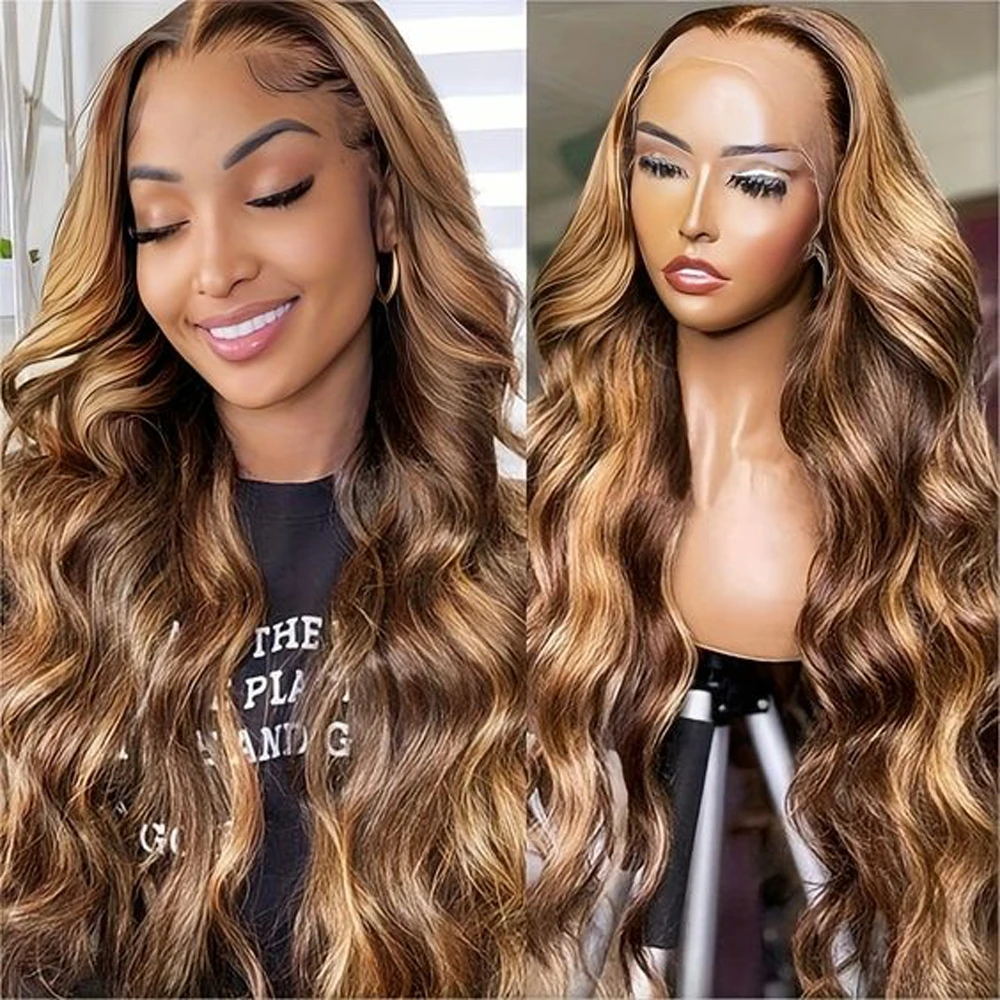 

13x6 Transparent Body Wave Highlight Human Hair Lace Frontal Wig Remy 30" 4/27 Honey Blonde Colored Lace Front Wigs For Women