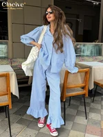 Clacive Fashion Loose Plaid Cotton Women's 3 Pieces Set 2025 Elegant Long Sleeve Shirt With High Wiast Wide Pants Set Female - Image 2