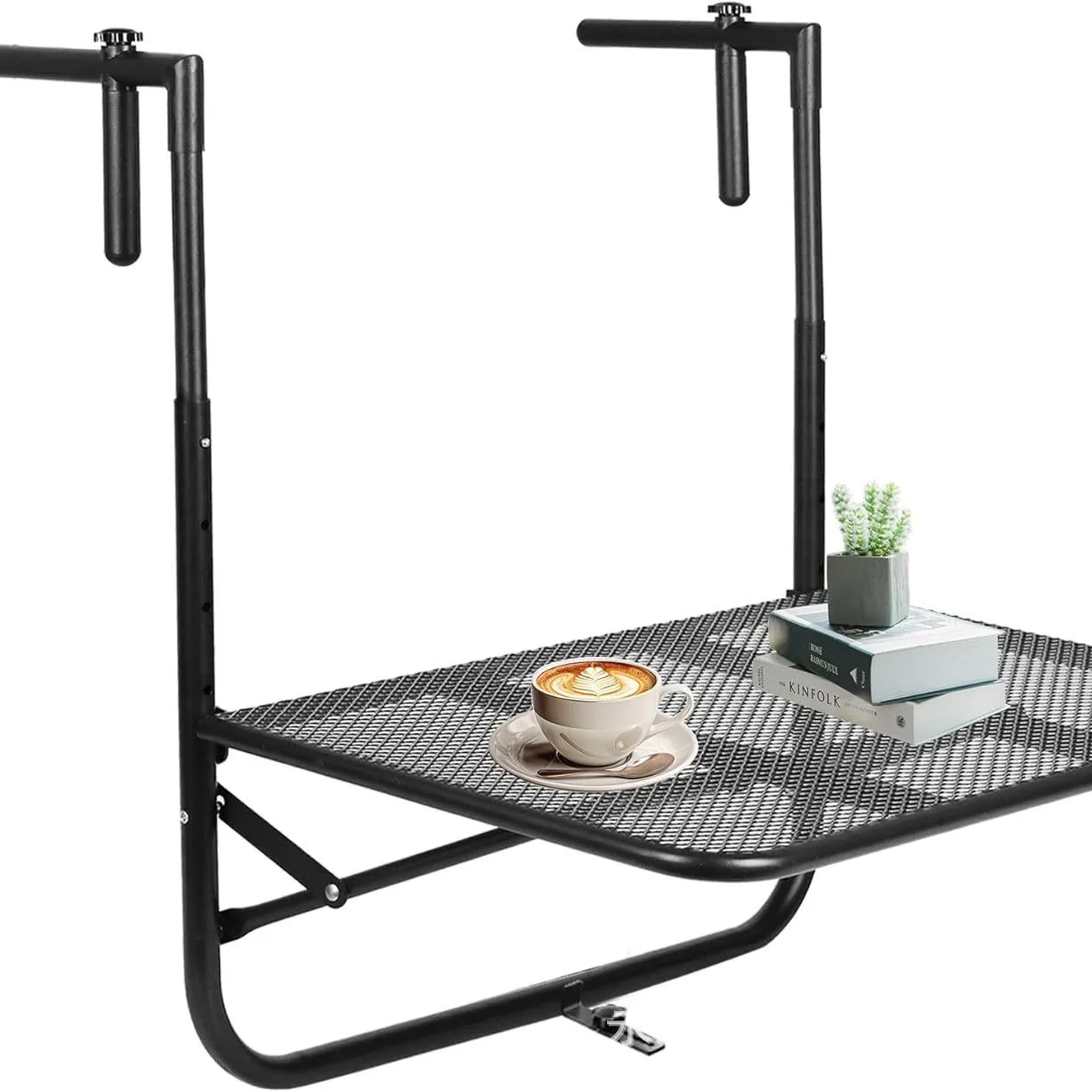 Foldable Hanging Table, 4-Level Height Adjustable Balcony Rack for Deck & Garden, Portable Outdoor Patio Desk, Space-Saving