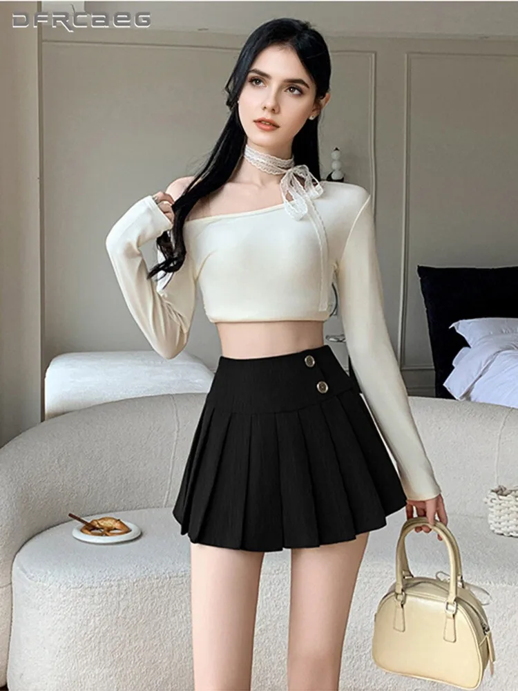 

College Style Retro Women Corduroy Pleated Skirt With Button High Waist Casual Chic Mini Short Jk Skirts Female